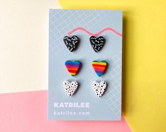 Rainbow Polka Dot Heart Polymer Clay Stud Multipack Earrings, Pride Colourful,Lesbian Earrings, Queer Style, Feminist, Silver Plated Stud