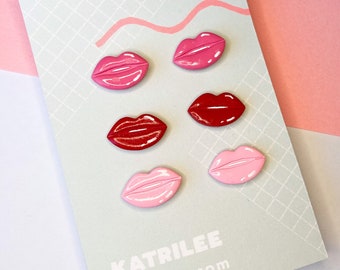 Red Pink Ombré Lips Stud multipack, Statement Earrings, valentines Fun Quirky Aesthetic, Polymer Clay earrings, pop art 90’s aesthetic