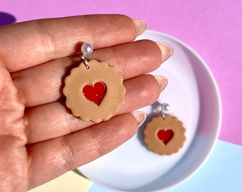 Jammy Dodger Biscuit Heart Earrings, Handmade Polymer Clay, Gold Pearl Studs, Fun Quirky Cookie Earrings, Y2K Aesthetic, Kidicore Jewellery