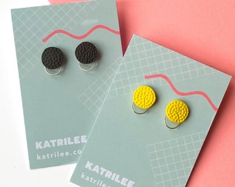 Polymer Clay Mini Hoop Stud Earrings. black or yellow combi, medium sized Studs With hoops, Simple Small Studs
