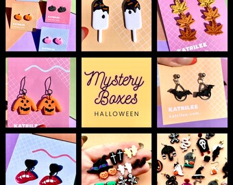 Halloween Jewellery Mystery Boxes, Surprise Spooky Themed Autumn Lucky Dip, Polymer Clay Earrings, Gothic Witchy Style, Gift