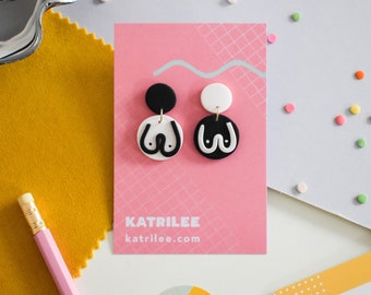 Polymer Clay Boob dangle Stud Earrings, Monochrome Black and White, Feminist, Pro Choice, Breastfeeding Gift, Breast Cancer Awareness