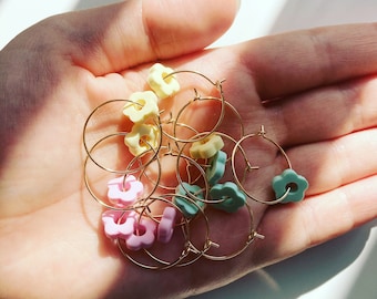 Small Pastel Flower Polymer Clay Hoop Earrings, Lightweight Flower Colourful, Silver Gold, Fun Statement Jewellery, Summer Garden Aesthetic