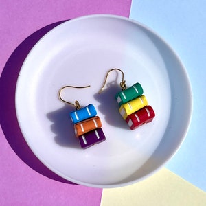 Book Stack Polymer Clay Dangle Earrings, Handmade Rainbow Bookish Earrings, Pastel Black Monochrome Reader Book Lover, Surgical Steel, Pride