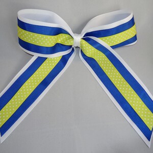 Royal Blue, White, and Yellow Polka Dot Cheer Hair Bow- French Barrette