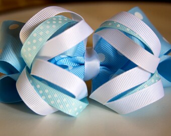 Light Blue and White Polka Dot Puffy Bow