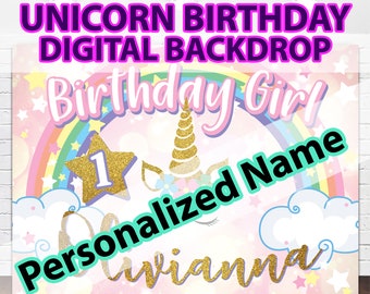 Personalized Name Birthday Girl Digital Unicorn Backdrop | Custom Name & Age Digital Banner for Unicorn Birthday Party Decor