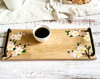 Apple Blossom Branch Hand Painted Acrylic Paint Natural Oak Wood Breakfast Serving Tray / Housewarming Gift / Gift For Her Mother