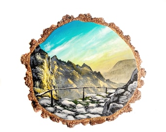 Peint à la main coucher de soleil ciel chemin de montagne paysage acrylique art naturel bouleau bois tranche live bord/décoration murale ornement/cadeau de pendaison de crémaillère