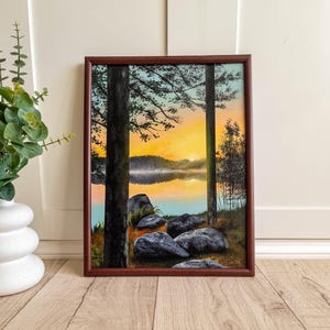 Sunset Lake zachte kleuren realistische kunst origineel acrylschilderij / muurdecoratie ornament / housewarming cadeau