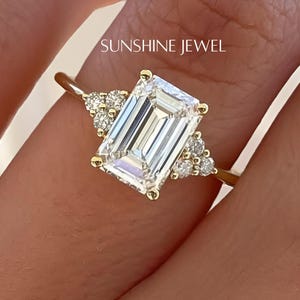 Emerald Cut Moissanite Engagement Ring: Sterling Silver, Petite Side StonesBridal Jewelry,Anniversary Rings,Wedding Rings