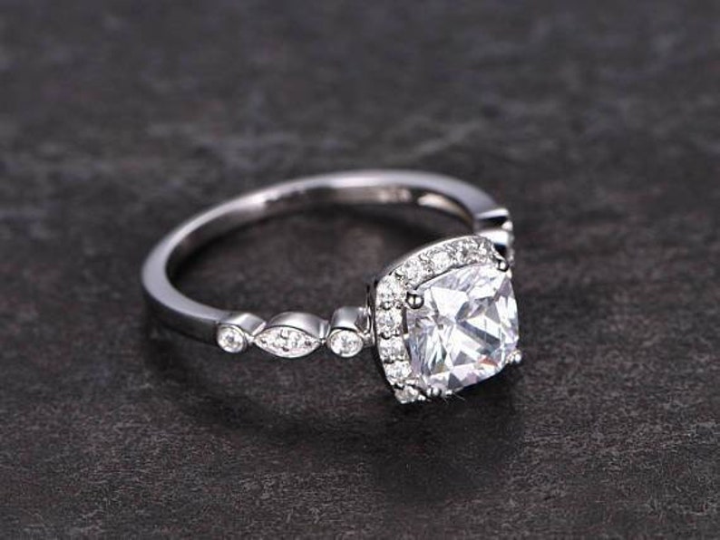 Cushion Cut colorless Moissanite 6.5mm1.4ct Halo Wedding Ring in White Gold.Gift For Her,Valentine Gift,Birthday Gift.Anniversary Gift.