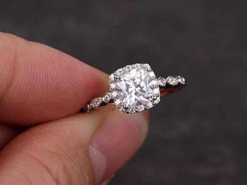 Cushion Cut colorless Moissanite 6.5mm1.4ct Halo Wedding Ring in White Gold.Gift For Her,Valentine Gift,Birthday Gift.Anniversary Gift.