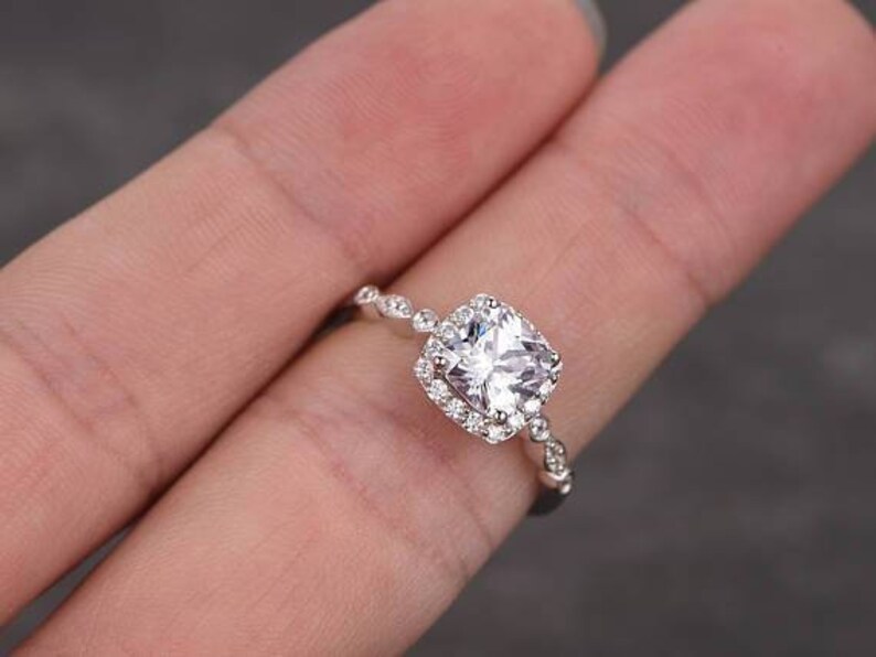 Cushion Cut colorless Moissanite 6.5mm1.4ct Halo Wedding Ring in White Gold.Gift For Her,Valentine Gift,Birthday Gift.Anniversary Gift.