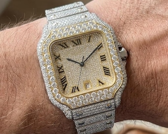 Dwukolorowy męski zegarek z moissanitem, bransoleta hip-hopowa z tarczą Iced Out Roman