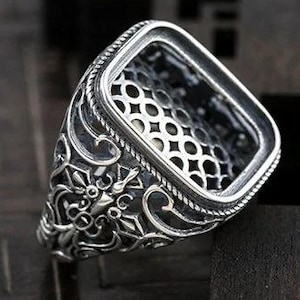 Rectangle Sterling Silver Ring Blanks, 14x18mm, Men Ring, 925 Silver Floral Rings, Adjustable Ring Blank, Ring Setting, Ring Bezel KTJ29