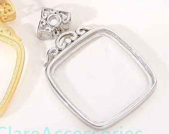 10-16mm Square Sterling Silver Pendant Bezels, 925 Silver Charm Bezel Tray For Setting High Stones or Resin Rock KTJ1806