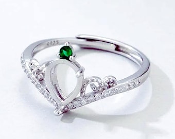 Ringbas i sterlingsilver, 6 x 8 mm vattendroppeformad, ringämne, ringbezel, justerbar, för ädelstensinfattning
