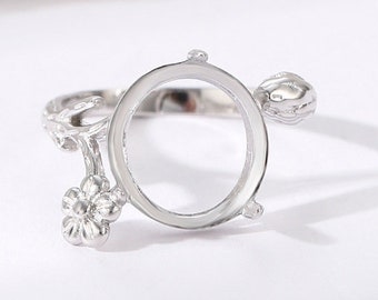 12MM Round Flower Ring Blanks, 925 Solid Sterling Silver Ring Blank For Stone Rings Setting Adjustable KTJ685