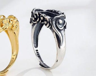 Silver Floral Ring Blanks, 7x14.5mm Rectangle, 925 Sterling Silver Rings Setting, Adjustable Ring Bezel KTJ2573