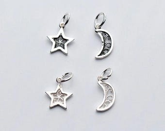 Sterling Silver Star Moon Charms, Earring Charm, Anklet Charm