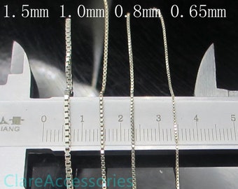 Sterling Silver Box Chain, Box Chain, 925 Silver Unfinished Chain for Necklace Bracelet Anklet 0.65mm 0.8mm 1.0mm 1.5mm