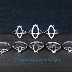 3-20MM Marquise Silver Prong Ring Blanks, 925 Sterling Silver Setting For Natural Stone Adjust Size KTJ1399