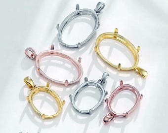5-30mm Oval Sterling Silver Pendant Prong Bezels, 925 Silver Charm Bezel Tray For Setting High Stones or Resin Rock KTJ116