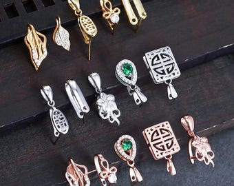 Sterling Silver Pinch Bails, Chinese Word Bail, Green Zircon Bail, Leaf Bail, Square Bail, Simple Bail, Charms Bail, Necklace Bail