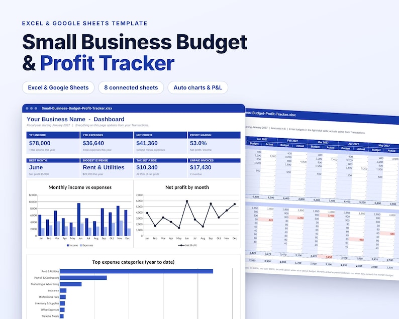 Small Business Budget Spreadsheet, Profit and Loss Tracker, Excel Google Sheets, Income Expense Tracker, Budget vs Actual, Cash Flow Sheet image 1