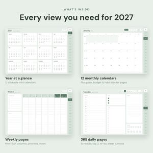 Op de afbeelding: Een digitale planner voor 2027 met vier verschillende lay-outs: een jaaroverzicht met 12 minikalenders, 12 maandkalenderpagina's, weekplanningspagina's met kolommen voor elke dag en dagpagina's met schema, to-do lijst en stemmings-trackers.