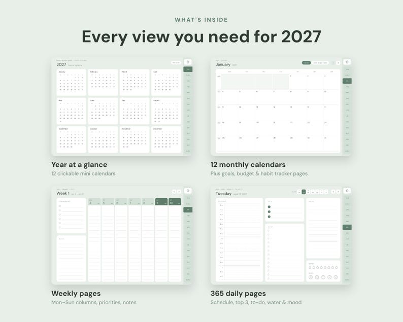 Op de afbeelding: Een digitale planner voor 2027 met vier verschillende lay-outs: een jaaroverzicht met 12 minikalenders, 12 maandkalenderpagina's, weekplanningspagina's met kolommen voor elke dag en dagpagina's met schema, to-do lijst en stemmings-trackers.