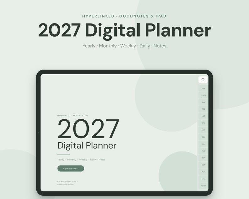 Op de afbeelding: Een digitale planner voor 2027 weergegeven op een tabletscherm. De interface bevat de tekst 2027 Digital Planner, Yearly, Monthly, Weekly, Daily, Notes en een knop met het label Open the year. Het ontwerp bevat een zijbalk voor navigatie.