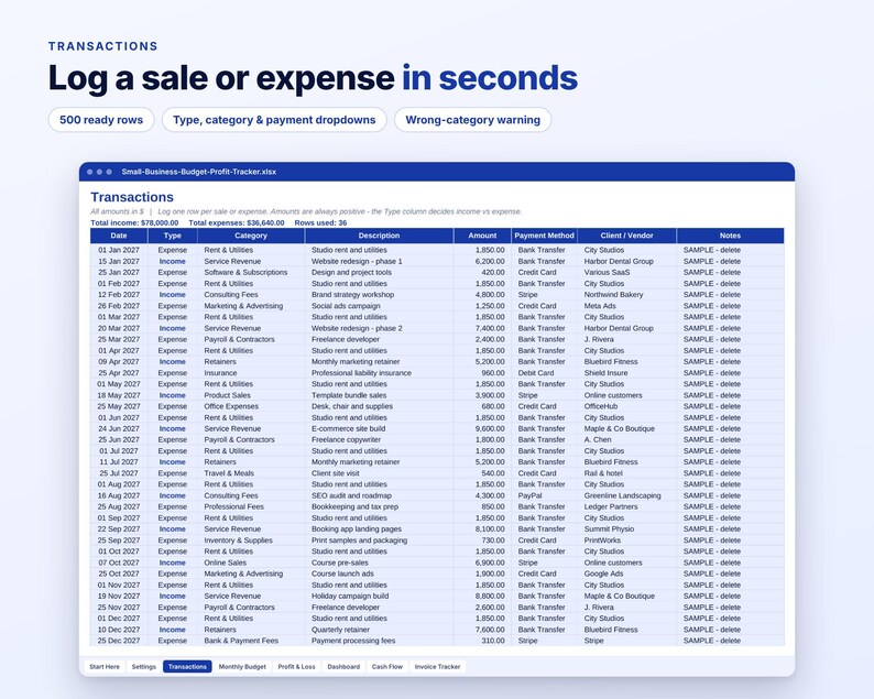 Small Business Budget Spreadsheet, Profit and Loss Tracker, Excel Google Sheets, Income Expense Tracker, Budget vs Actual, Cash Flow Sheet image 5