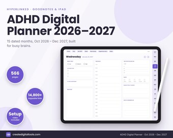 ADHD Digital Planner 2026-2027 GoodNotes, ADHD Planner for Adults, Hyperlinked iPad Planner, Daily Weekly Monthly, Brain Dump, Dopamine Menu