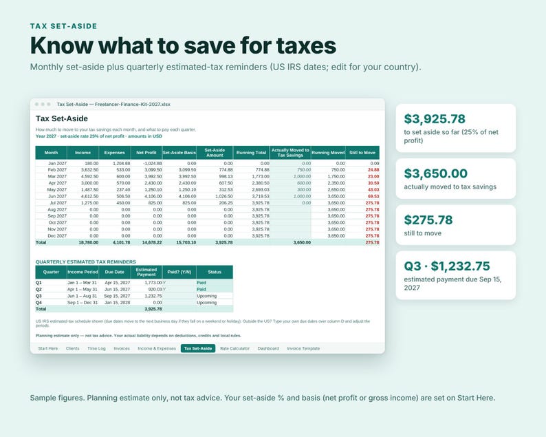Freelancer Spreadsheet, Invoice Tracker, Time Tracker, Freelance Income Tax Planner, Excel Google Sheets, Rate Calculator, Small Business image 10