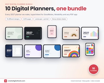 2027 Digital Planner Bundle, 10 GoodNotes-planerare, hyperlänkad iPad-planerare, Notability, ADHD-studentarbeteplanerare + klistermärken