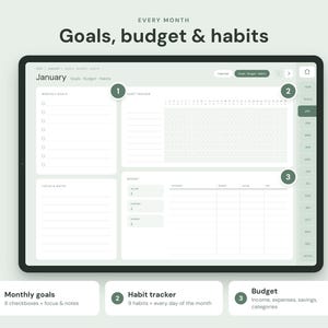 Op de afbeelding: Een digitale planner-interface op een tabletscherm met de tekst "EVERY MONTH Goals, budget & habits". De lay-out bevat secties voor maandelijkse doelen met selectievakjes, een raster voor gewoonte-tracking en een budgettabel met kolommen voor inkomsten en uitgaven.