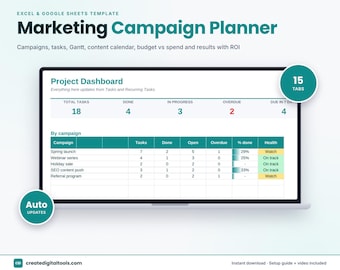 Marketing Campaign Planner Spreadsheet, Content Calendar, Google Sheets Excel, Marketing Budget Tracker, ROI Tracker, Social Media Plan