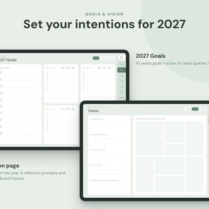 Op de afbeelding: Twee digitale tablets met een interface voor een doelen- en visieplanner voor 2027. De schermen tonen lichtgroene en witte lay-outs met tekst zoals 2027 Goals, Vision en diverse prompts voor jaarplanning, kwartaaloverzichten en visiebordkaders.