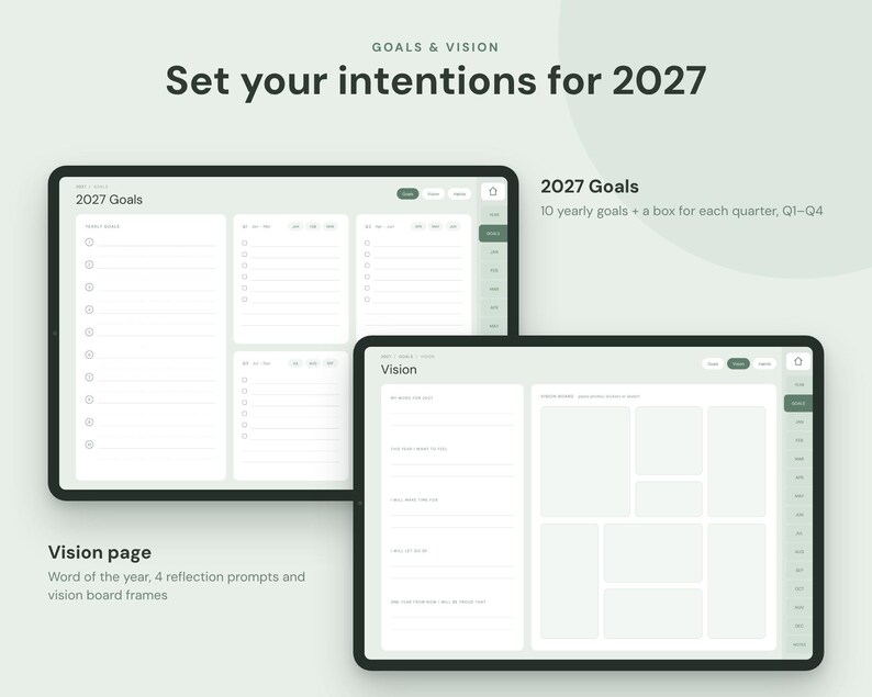 Op de afbeelding: Twee digitale tablets met een interface voor een doelen- en visieplanner voor 2027. De schermen tonen lichtgroene en witte lay-outs met tekst zoals 2027 Goals, Vision en diverse prompts voor jaarplanning, kwartaaloverzichten en visiebordkaders.
