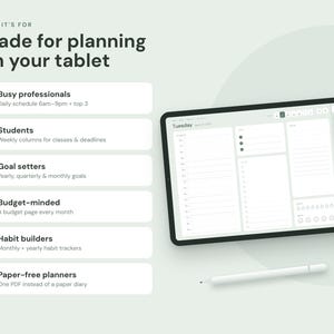 Op de afbeelding: Een digitale tablet met een dagelijkse planner-interface en een witte styluspen eronder. De tekst luidt: WHO IT'S FOR Made for planning on your tablet, Busy professionals, Students, Goal setters, Budget-minded, Habit builders, Paper-free planners.