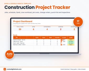 Construction Project Tracker Spreadsheet, Contractor Job Management, Google Sheets Excel, Job Cost Tracker, Punch List, Change Orders