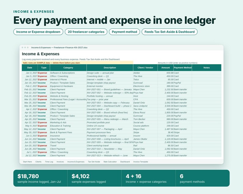 Freelancer Spreadsheet, Invoice Tracker, Time Tracker, Freelance Income Tax Planner, Excel Google Sheets, Rate Calculator, Small Business image 9