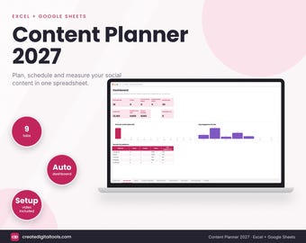 Content Calendar Google Sheets & Excel, Content Planner 2027, Social Media Planner Spreadsheet, Instagram TikTok Planner, Small Business