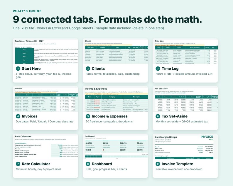 Freelancer Spreadsheet, Invoice Tracker, Time Tracker, Freelance Income Tax Planner, Excel Google Sheets, Rate Calculator, Small Business image 5