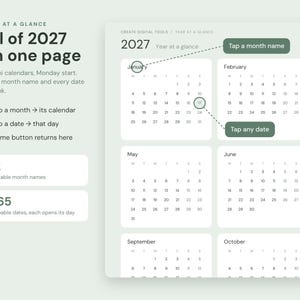 Op de afbeelding: Een digitale 2027 jaaroverzichtskalender met 12 maandkalenders op &eacute;&eacute;n pagina. De lay-out bevat klikbare maandnamen en 365 tikbare datums. De tekst bevat Year at a glance, All of 2027 on one page, 12 mini calendars, Monday start, Tap a month, Tap a date, Home button returns here, 12 clickable month names en 365 tappable dates.