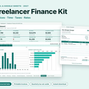 Freelancer Spreadsheet, Invoice Tracker, Time Tracker, Freelance Income Tax Planner, Excel Google Sheets, Rate Calculator, Small Business image 1