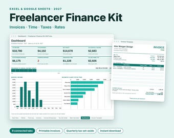 Freelancer Spreadsheet, Invoice Tracker, Time Tracker, Freelance Income Tax Planner, Excel Google Sheets, Rate Calculator, Small Business