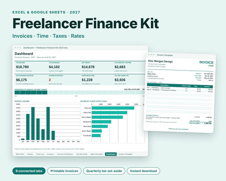 Freelancer Spreadsheet, Invoice Tracker, Time Tracker, Freelance Income Tax Planner, Excel Google Sheets, Rate Calculator, Small Business image 1